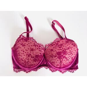 Victoria’s Secret Dream Angels Demi Bra 32D Maroon Velvet Flocked Lace